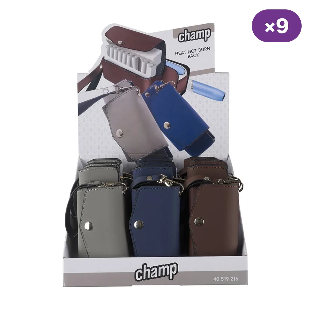 Expositor Champ con pitilleras para IQOS en gris, azul y marrón, con cierre de botón y mosquetón; distintivo de nueve unidades.