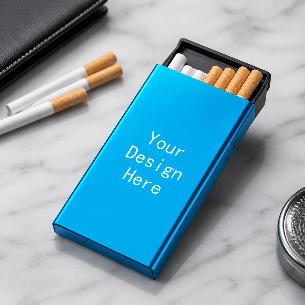 Pitillera azul parcialmente abierta con cigarrillos y el texto «Your Design Here», sobre una superficie clara junto a cigarrillos sueltos.