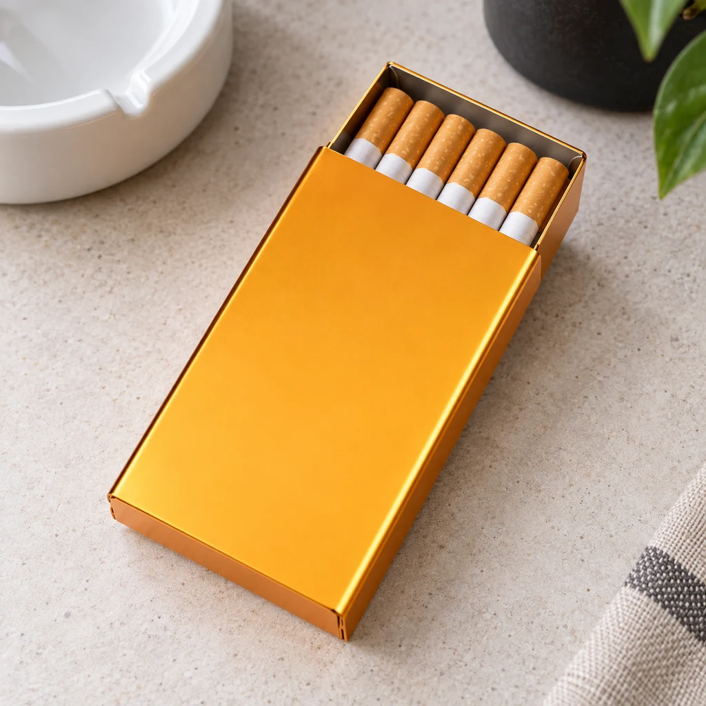 Pitillera dorada rectangular con tapa deslizante parcialmente abierta y varios cigarrillos visibles, junto a un cenicero blanco.