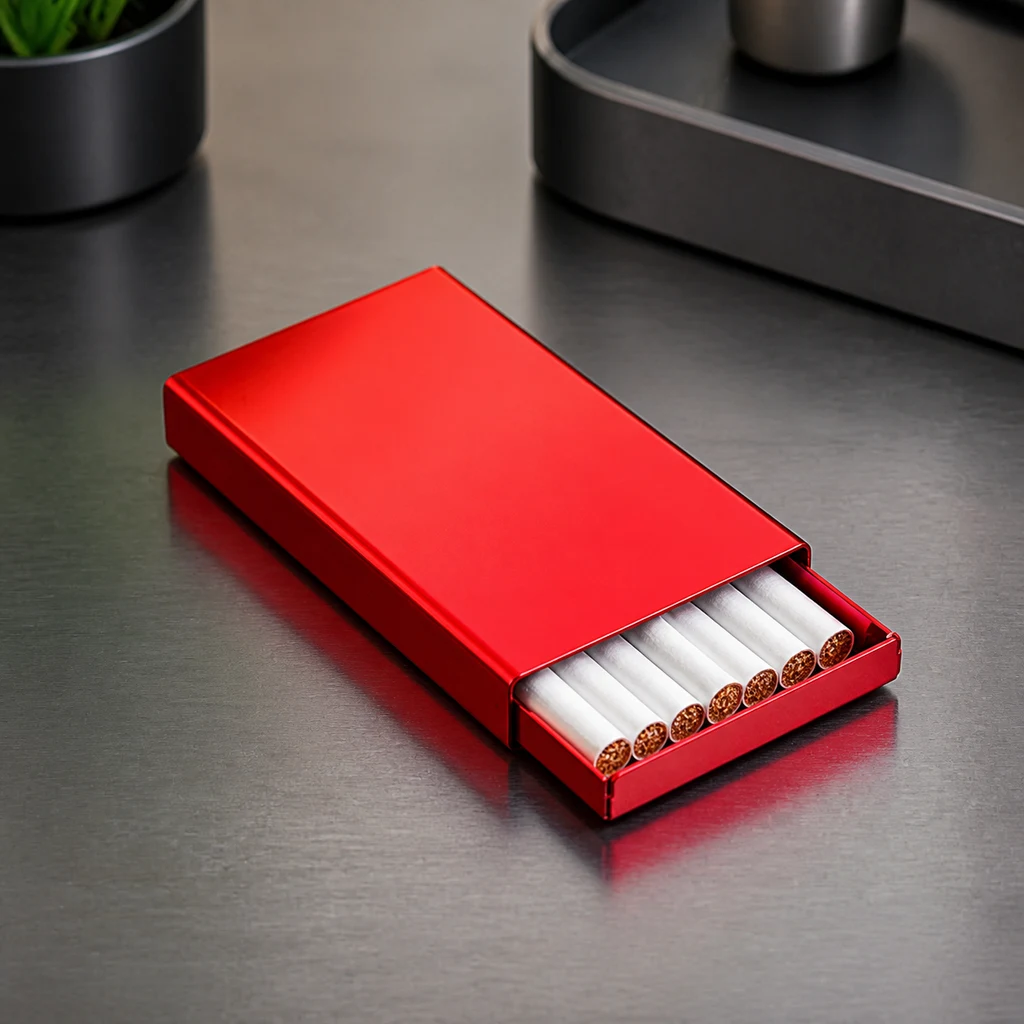 Pitillera roja rectangular con bandeja parcialmente abierta y varios cigarrillos blancos sobre una superficie gris.