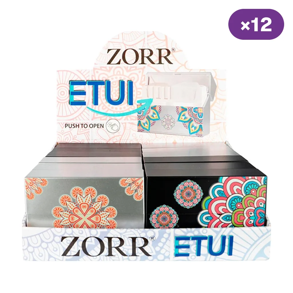 Expositor Zorr étui con pitilleras de distintos fondos y motivos de mandalas multicolores, junto al distintivo de 12 unidades.