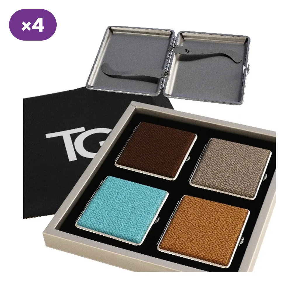 Pitilleras Targard con acabados texturados en marrón, gris, turquesa y ocre, junto a una abierta que muestra las sujeciones interiores.