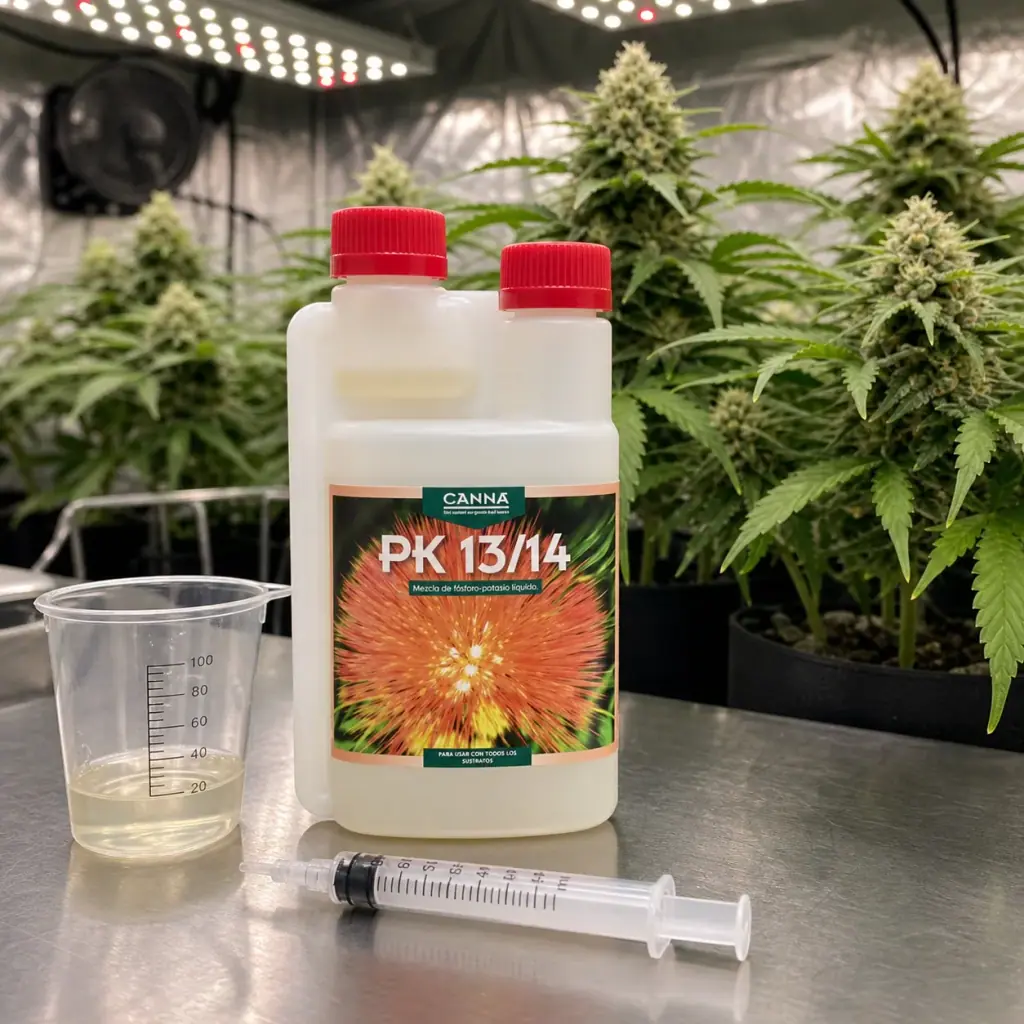 Envase de CANNA PK 13/14 con tapones rojos, vaso medidor y jeringa sobre una mesa, junto a plantas de cannabis bajo luces de cultivo.