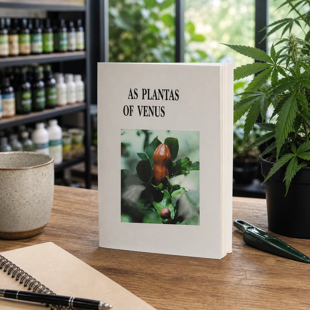 Libro de pie sobre una mesa, con el texto «AS PLANTAS OF VENUS» y una fotografía botánica en portada, junto a una planta y un cuaderno. Libro de pie sobre una mesa, con el texto «AS PLANTAS OF VENUS» y una fotografía botánica en portada, junto a una planta y un cuaderno.