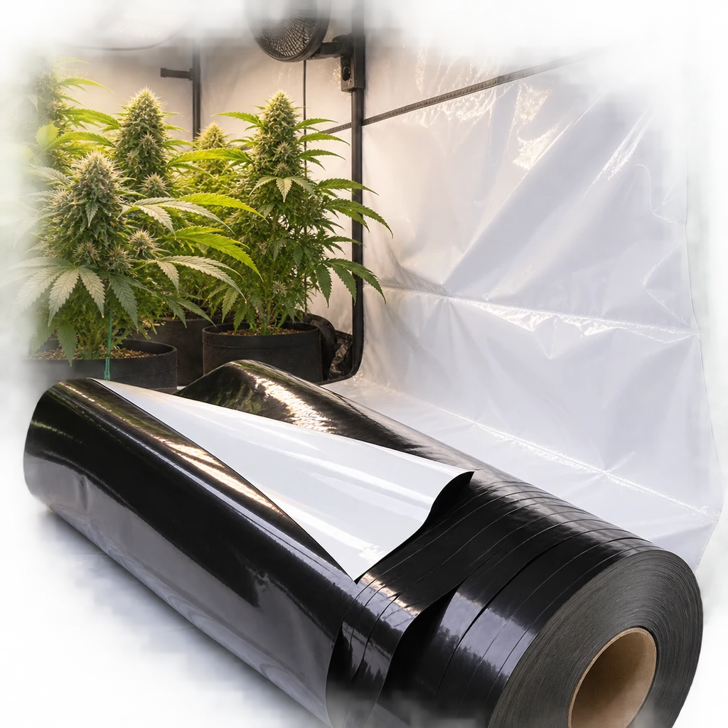 Rollo de plástico Easy Grow negro y blanco, parcialmente desenrollado junto a un armario con plantas y paredes blancas.