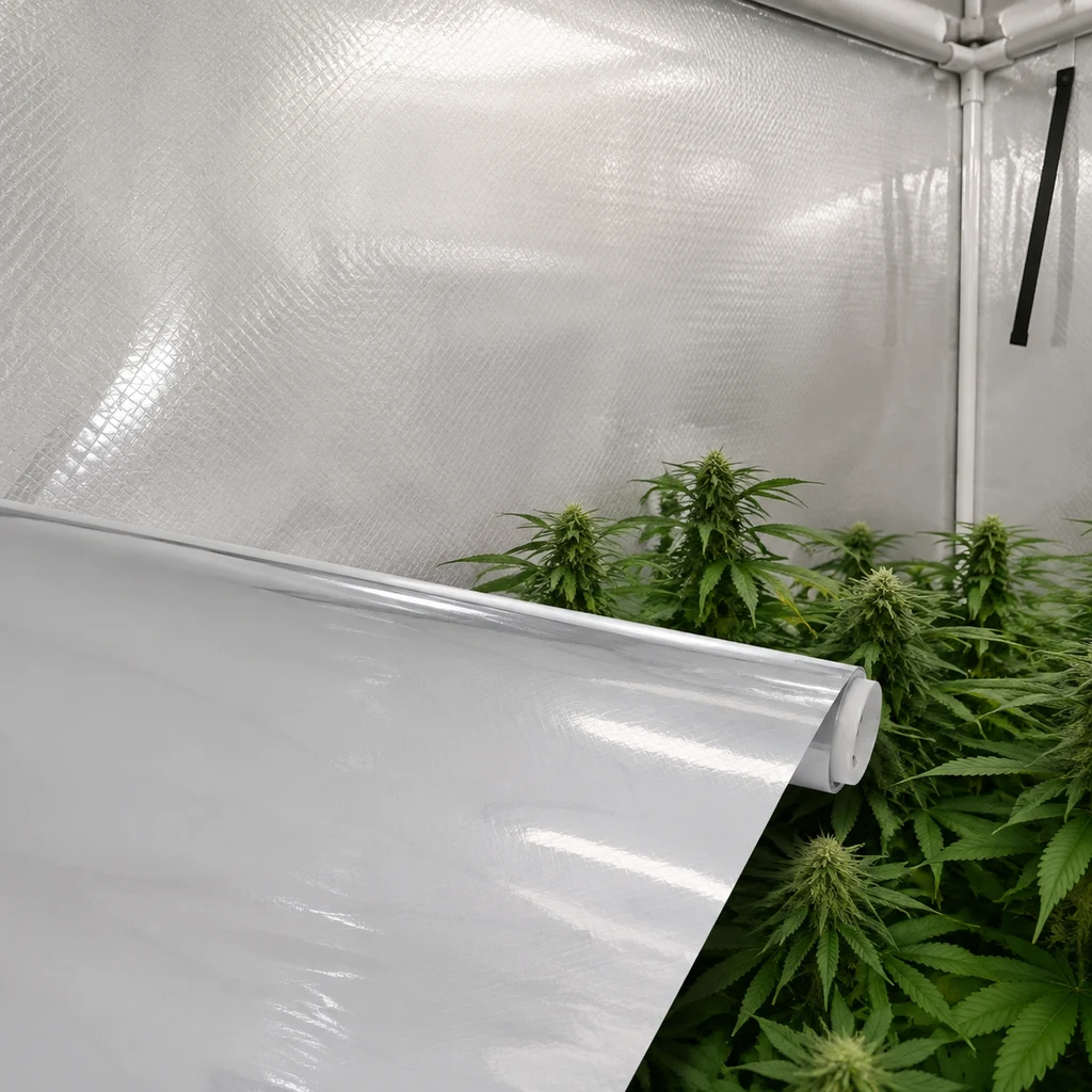 Rollo de plástico reflectante Mylar Easy Grow Eco Diamond parcialmente extendido ante plantas en flor y paredes plateadas de un armario de cultivo.