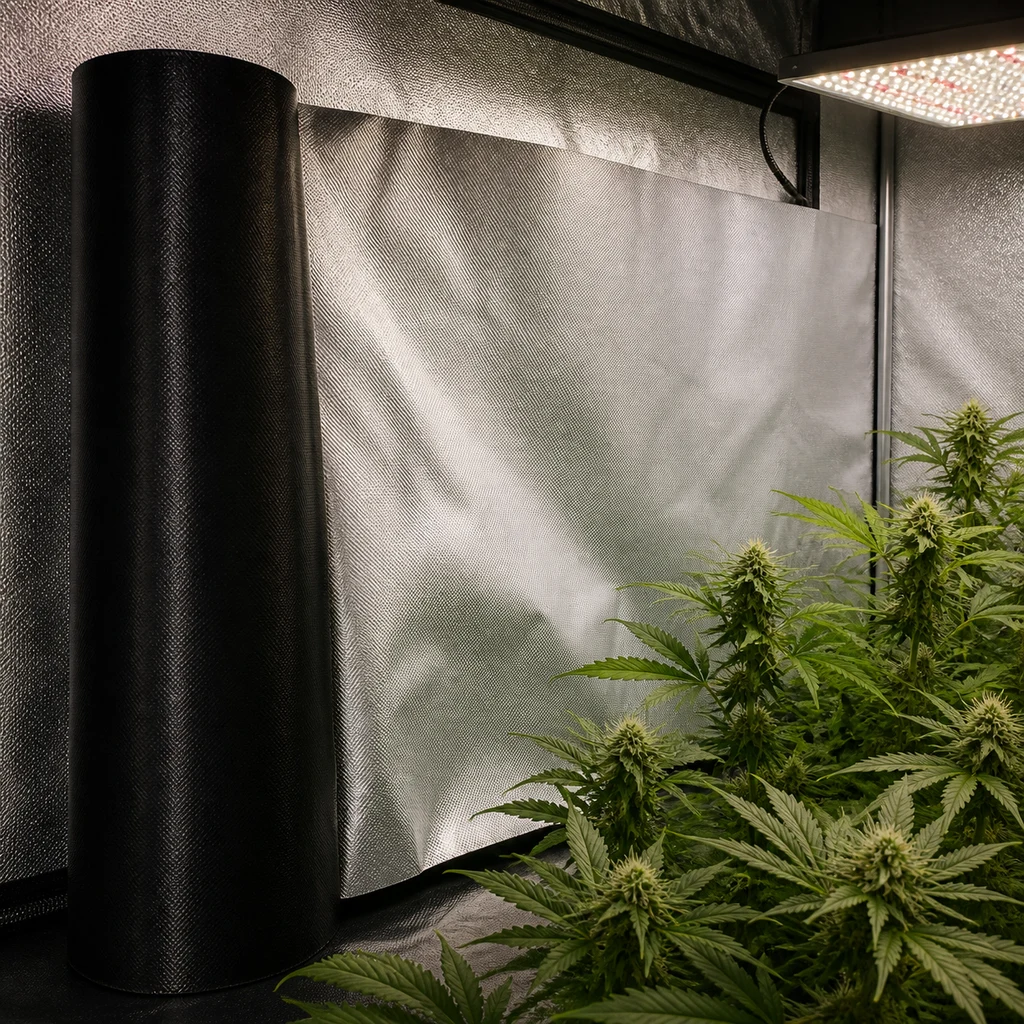 Rollo negro y lámina plateada de Mylar con textura junto a plantas de cannabis bajo un panel LED en un armario de cultivo.