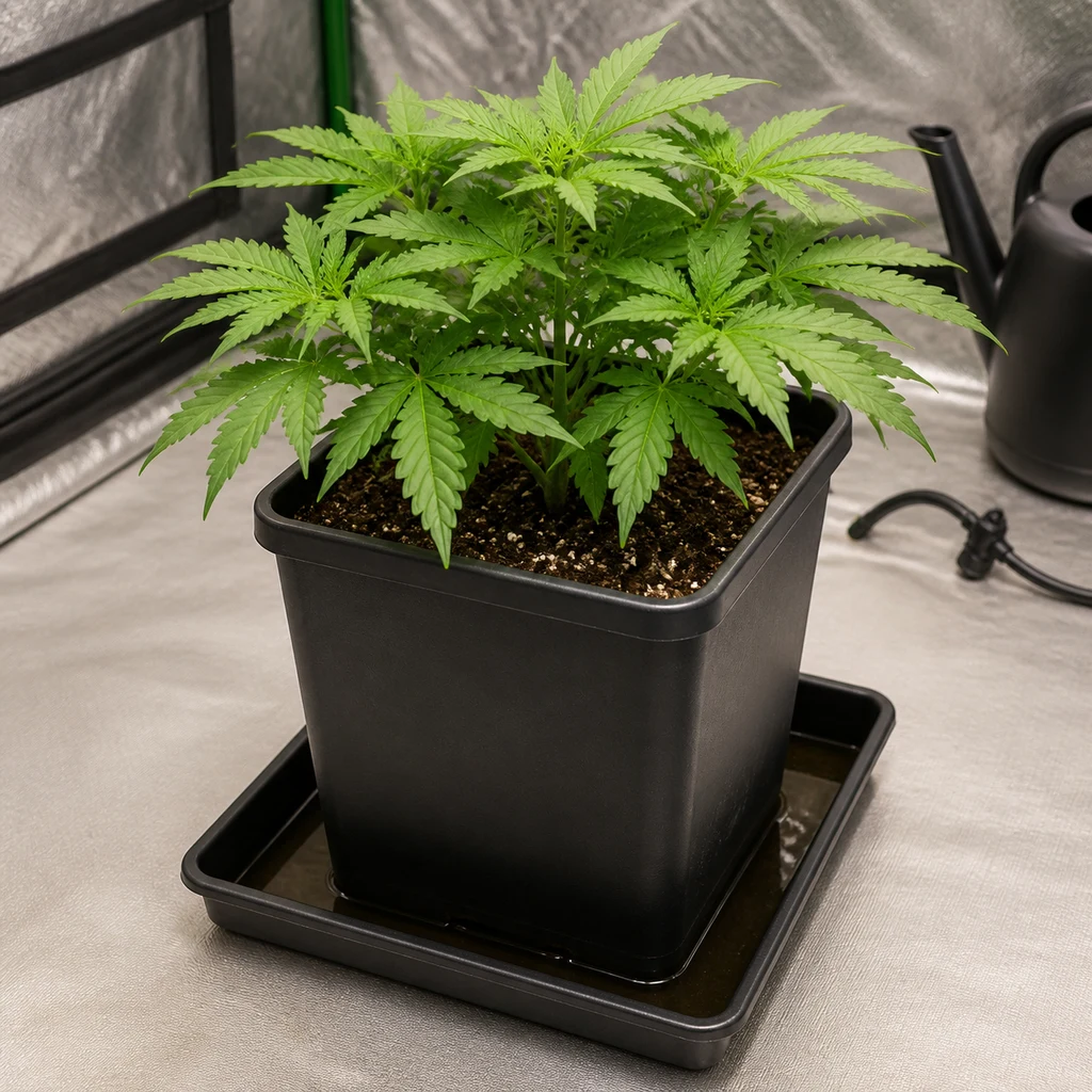 Plato cuadrado negro bajo una maceta con una planta de hojas verdes, sobre el suelo reflectante de un armario de cultivo. Plato cuadrado negro bajo una maceta con una planta de hojas verdes, sobre el suelo reflectante de un armario de cultivo.