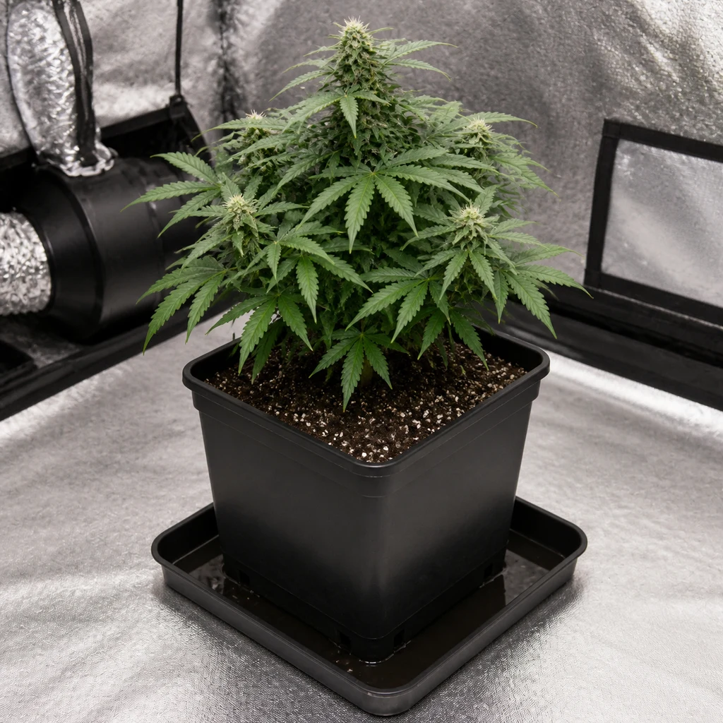 Escena generada de un plato de drenaje cuadrado negro bajo una maceta con una planta de cannabis, dentro de un armario reflectante. Escena generada de un plato de drenaje cuadrado negro bajo una maceta con una planta de cannabis, dentro de un armario reflectante.