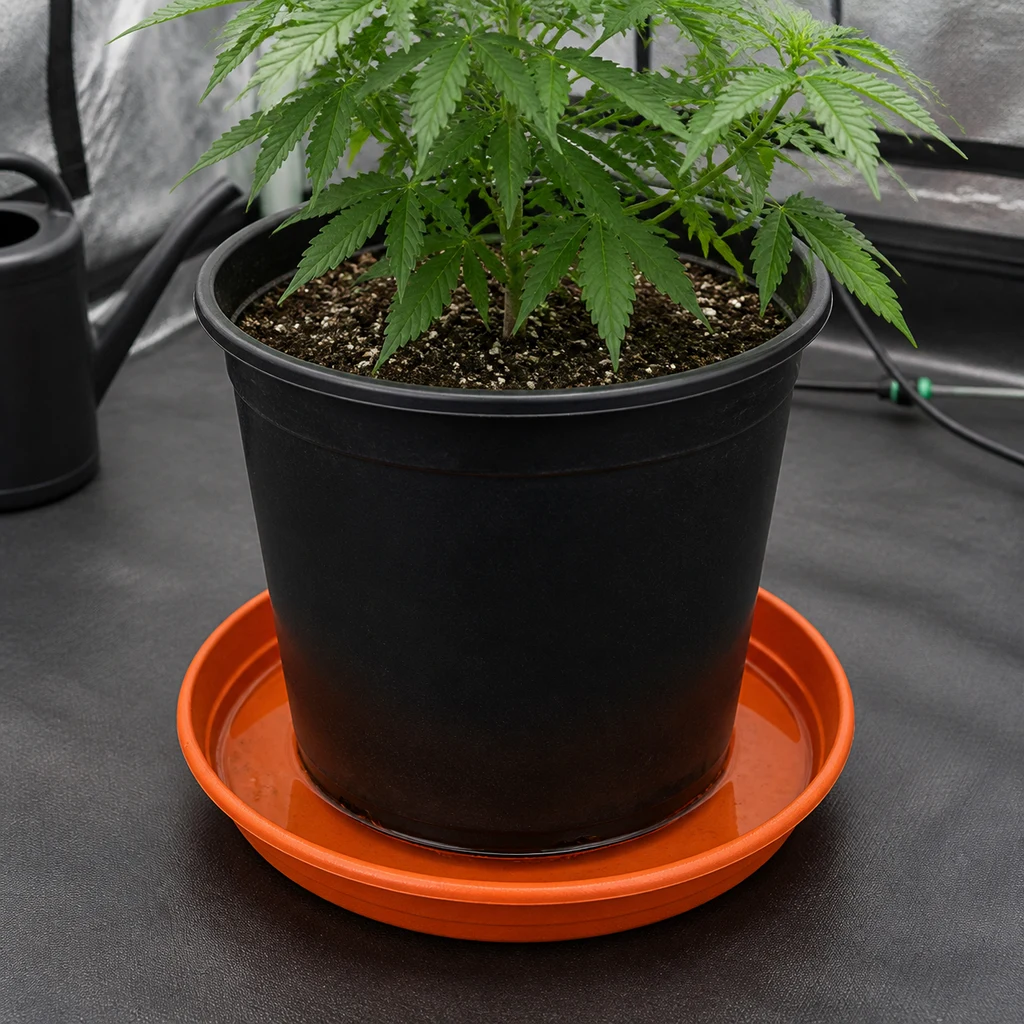 Plato redondo naranja bajo una maceta negra con una planta de cannabis, sobre el suelo de un armario de cultivo. Plato redondo naranja bajo una maceta negra con una planta de cannabis, sobre el suelo de un armario de cultivo.