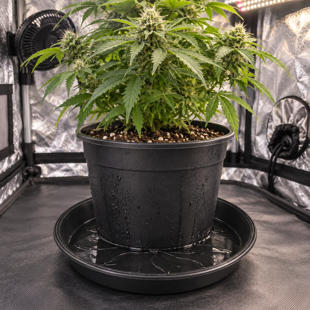 Escena generada de un plato redondo negro bajo una maceta con una planta de cannabis, con agua visible en el plato dentro de un armario de cultivo. Escena generada de un plato redondo negro bajo una maceta con una planta de cannabis, con agua visible en el plato dentro de un armario de cultivo.