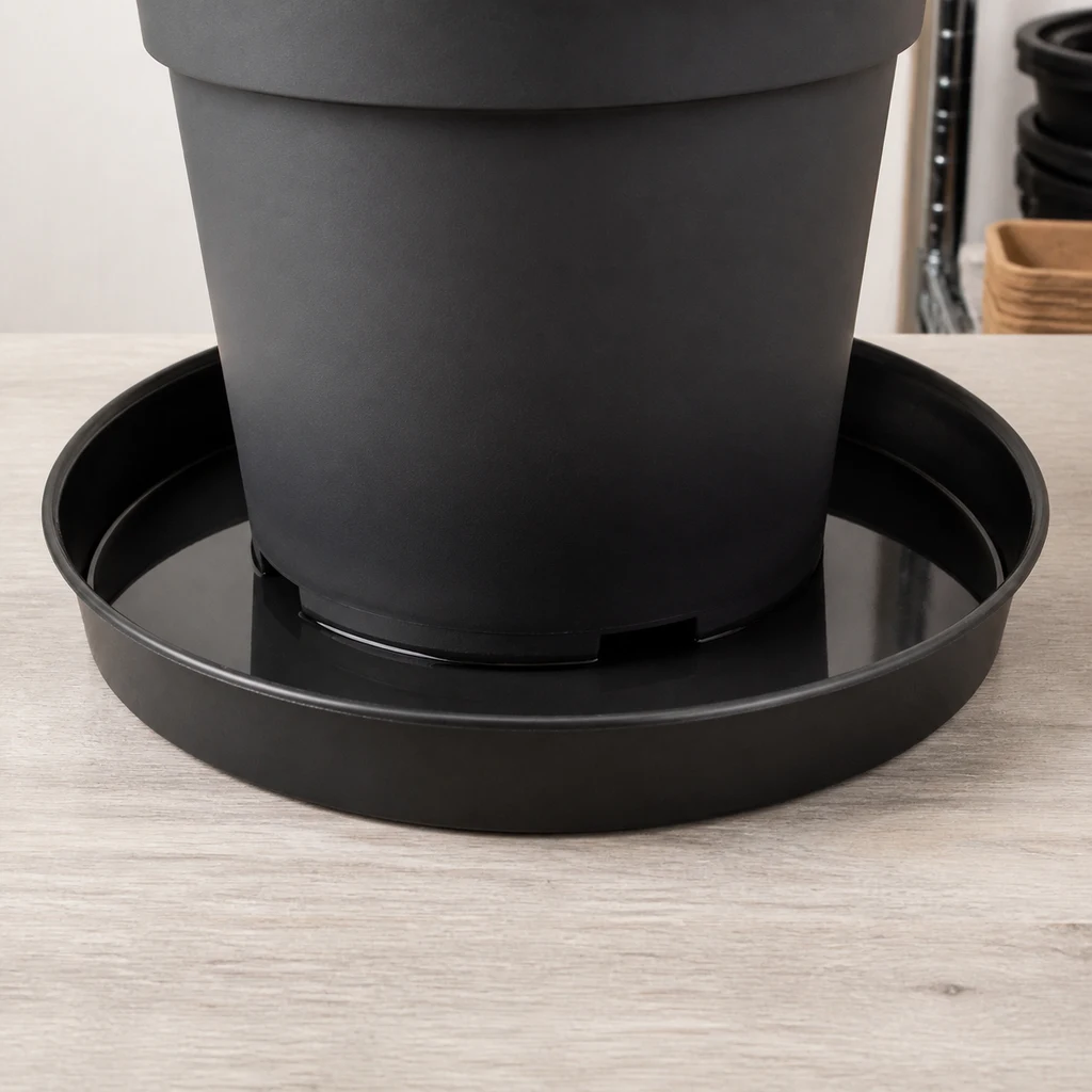 Plato redondo negro de borde elevado bajo una maceta negra, en primer plano sobre una mesa de madera clara. Plato redondo negro de borde elevado bajo una maceta negra, en primer plano sobre una mesa de madera clara.
