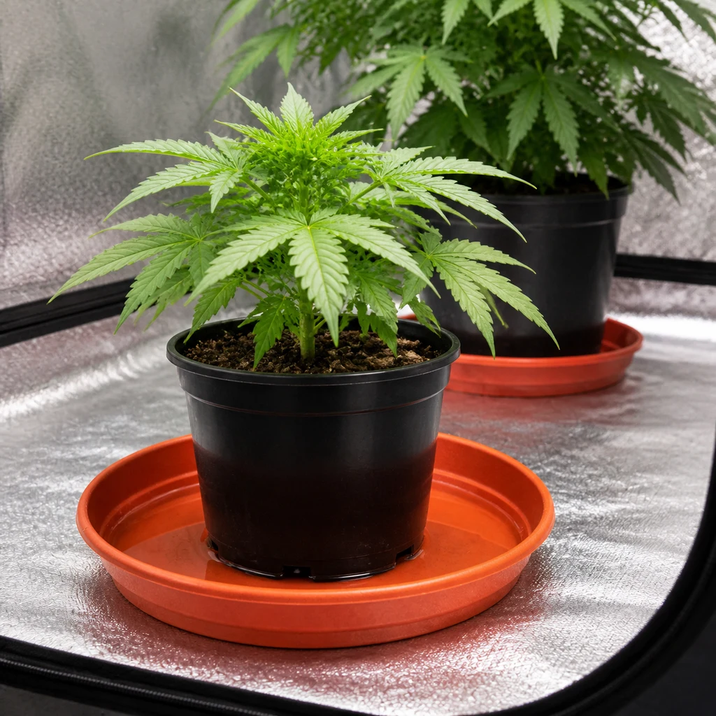 Escena generada de un plato redondo naranja bajo una maceta negra con una planta de cannabis, en un recinto de paredes reflectantes. Escena generada de un plato redondo naranja bajo una maceta negra con una planta de cannabis, en un recinto de paredes reflectantes.