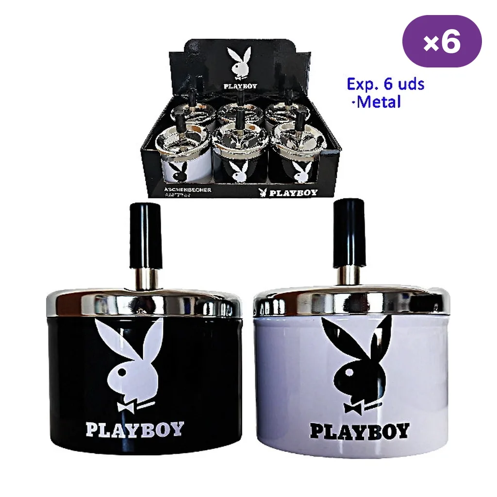 Ceniceros automáticos Playboy en versiones negra y blanca, con tapa plateada y pulsador negro; arriba, expositor rotulado con 6 unidades.