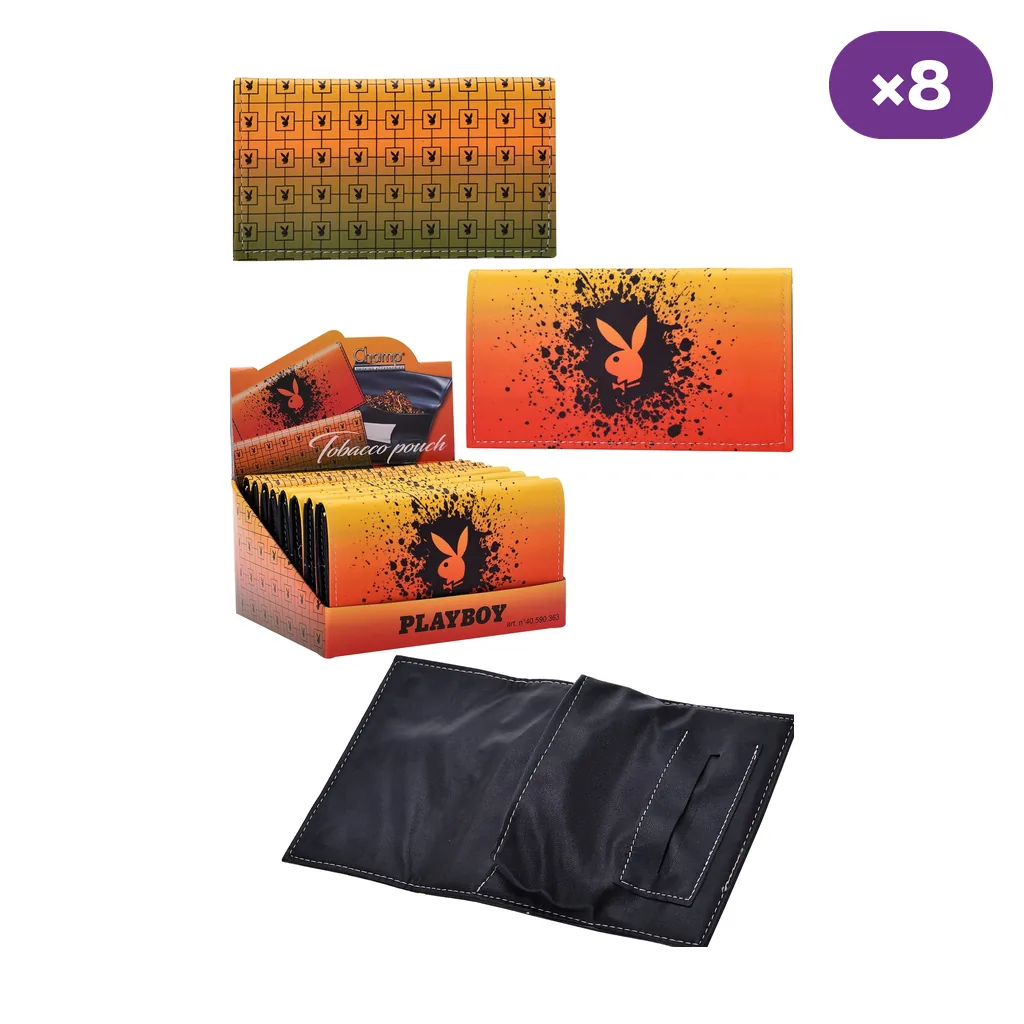 Bolsa para tabaco Playboy en tonos naranja y amarillo, con vistas del exterior, interior negro y expositor; distintivo de 8 unidades.