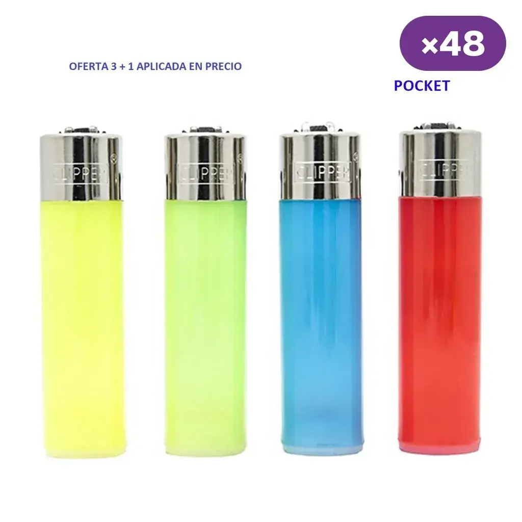 Selección de encendedores Clipper Pocket translúcidos en amarillo, verde, azul y rojo, con cabezal plateado y rótulo de 48 unidades.