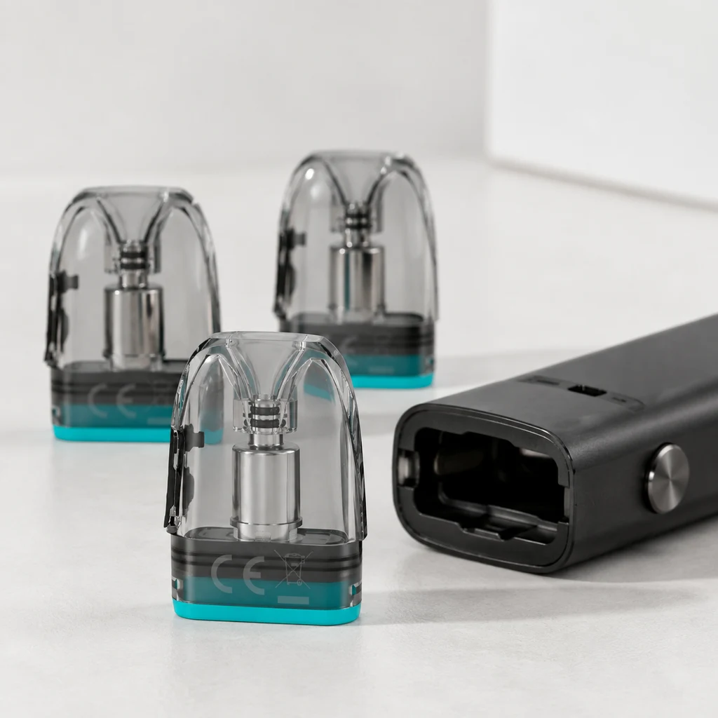 Varios cartuchos transparentes con base turquesa junto a un dispositivo negro tumbado con el alojamiento del cartucho abierto. Varios cartuchos transparentes con base turquesa junto a un dispositivo negro tumbado con el alojamiento del cartucho abierto.