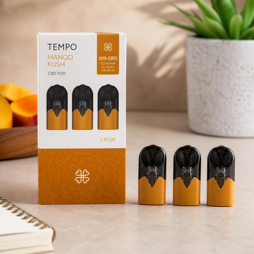 Caja TEMPO Mango Kush con etiqueta «10% CBD» y varios pods negros y naranjas, sobre una mesa con mango y una planta al fondo.