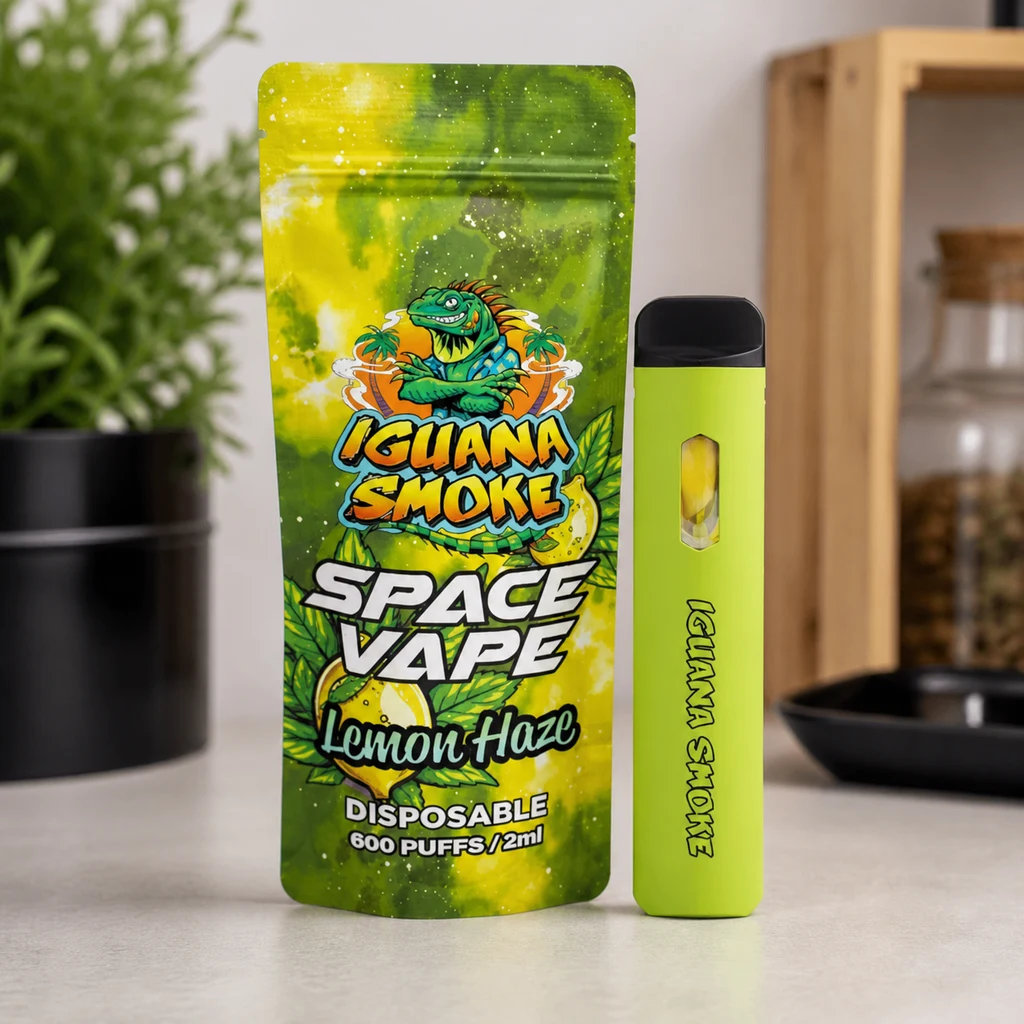 Vapeador verde lima con boquilla negra junto a una bolsa Iguana Smoke Space Vape Lemon Haze, sobre una encimera.