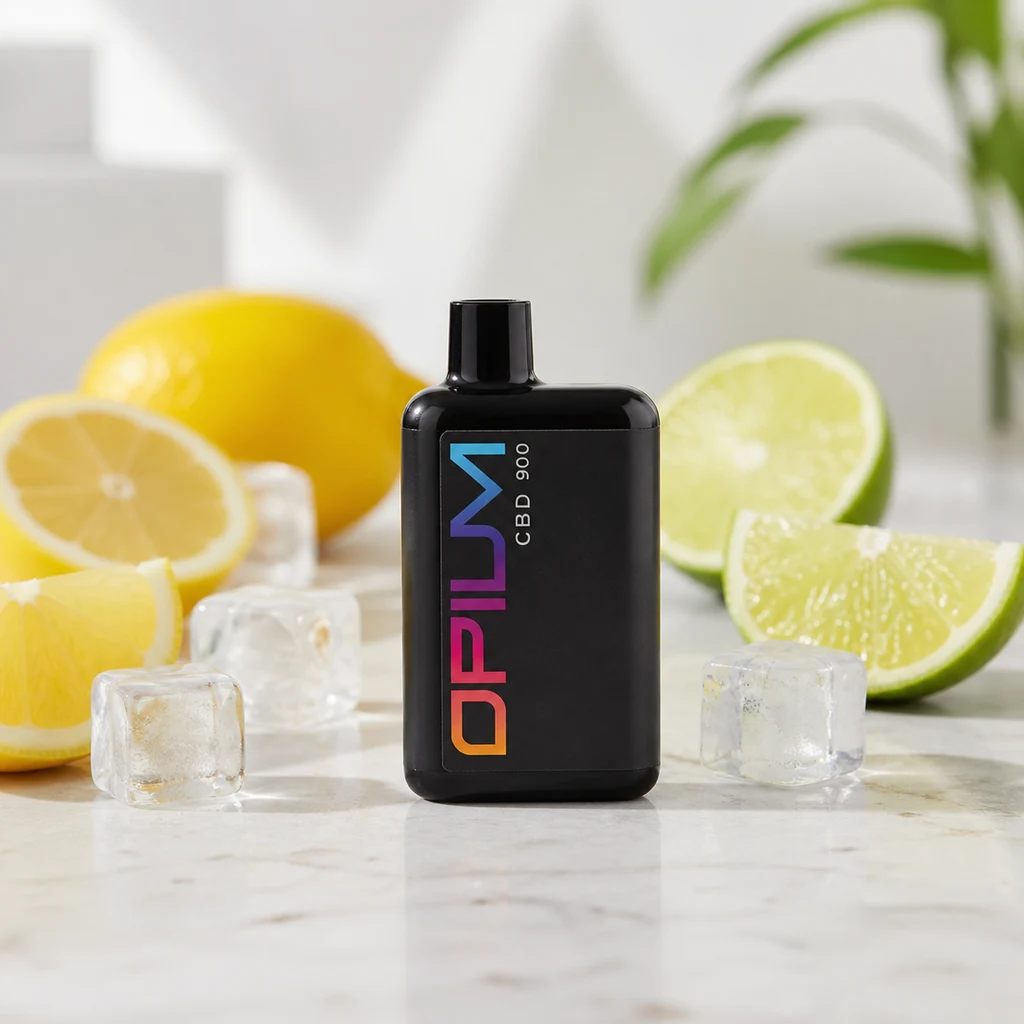 Vaper negro Opium con letras multicolor y texto CBD 900, sobre una superficie clara entre limones, limas y cubitos de hielo.