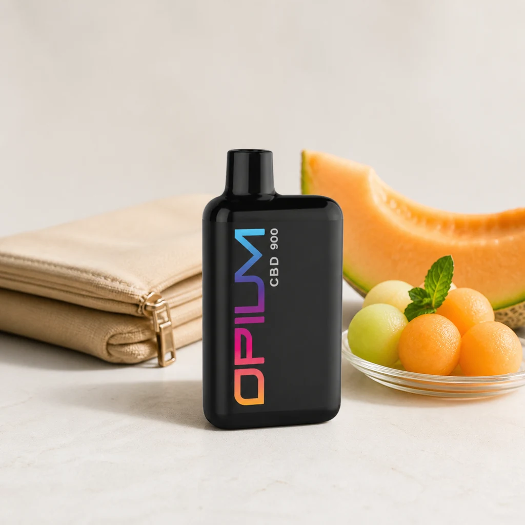 Pod Super Melon de Opium negro con letras multicolor y texto CBD 900, junto a un estuche beige, una rodaja y bolitas de melón.
