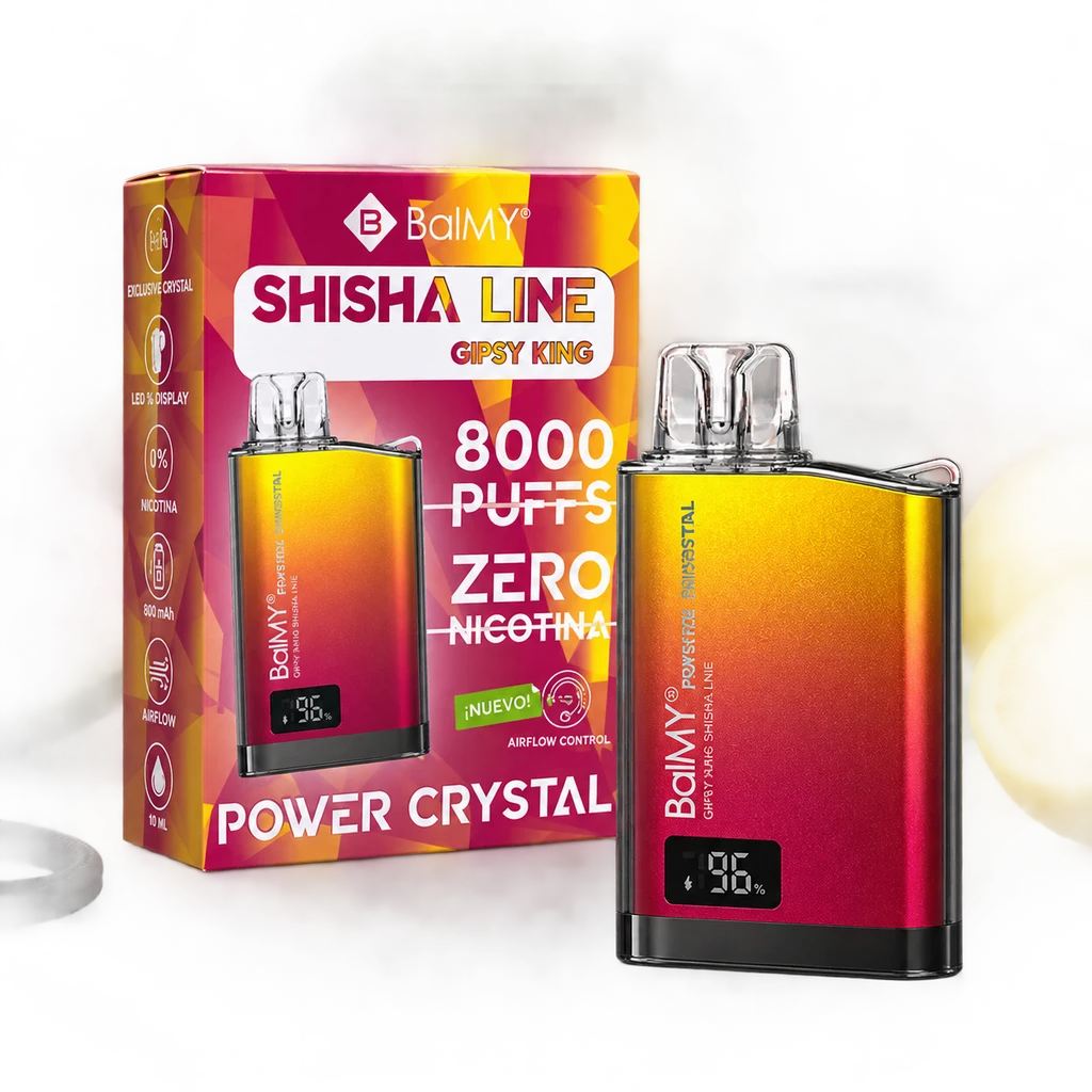 Vapeador Balmy Power Crystal Zero Gypsy King con degradado amarillo y rosa, boquilla transparente y pantalla, junto a su caja.
