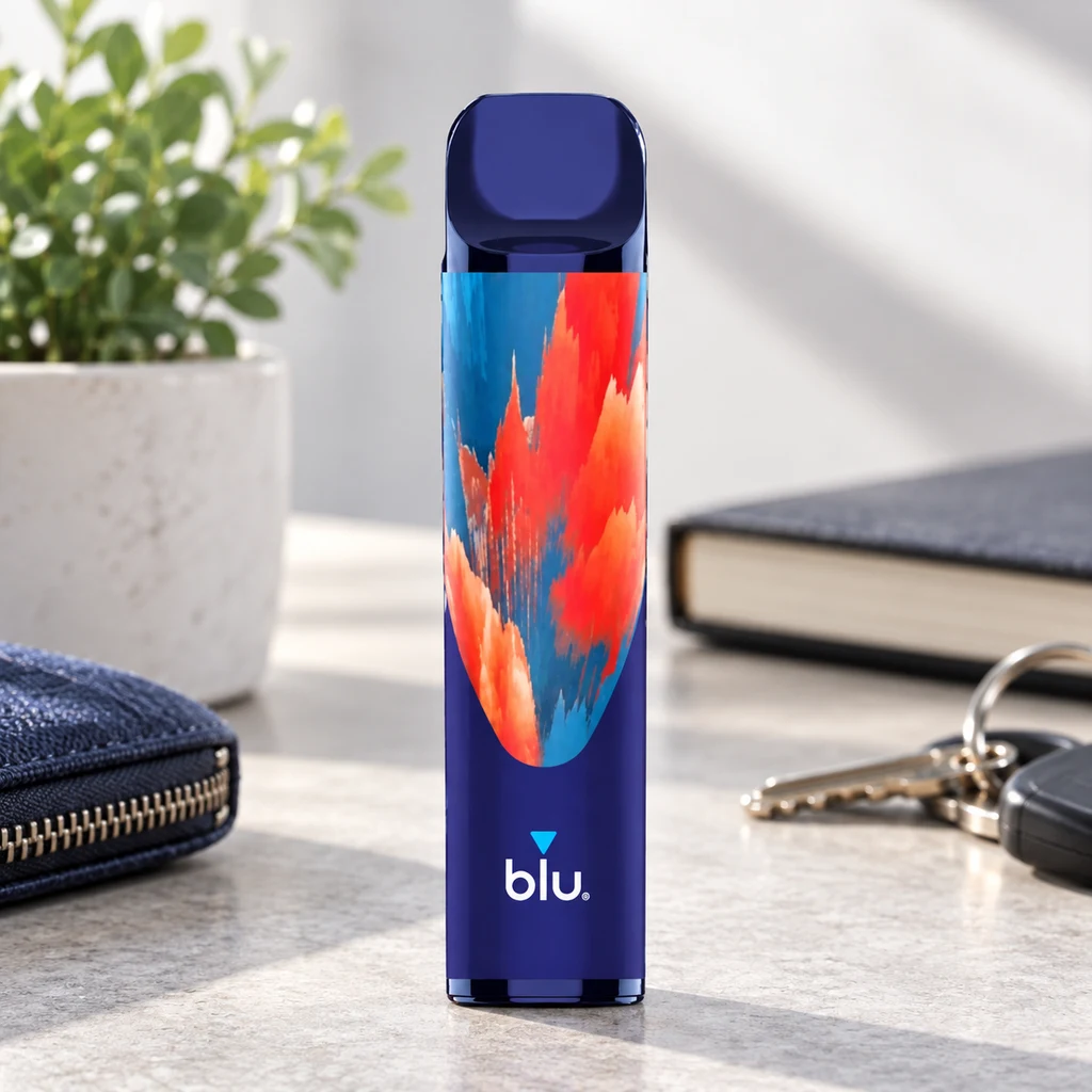 Pod Blu Bar azul con diseño abstracto rojo y naranja, de pie sobre una mesa junto a unas llaves, un libro y una planta.