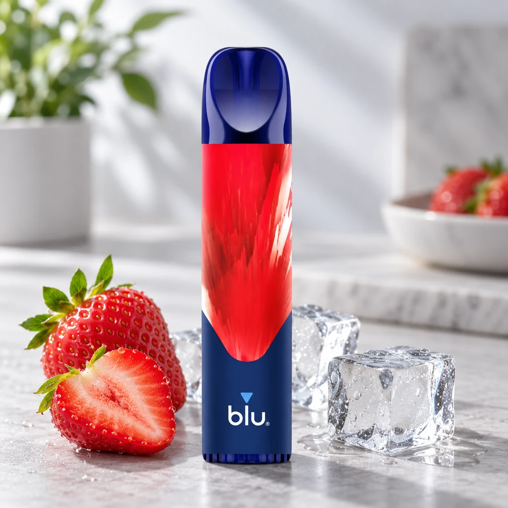 Pod Blu Bar Fresa con Hielo rojo y azul en posición vertical, rodeado de fresas y cubitos de hielo sobre una encimera.