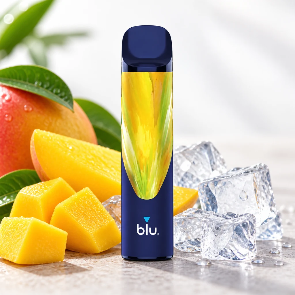 Pod Blu Bar Mango Ice de cuerpo azul oscuro y frontal amarillo verdoso, colocado entre trozos de mango y cubitos de hielo.