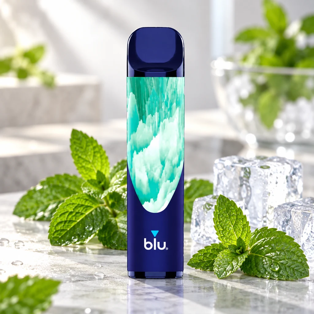 Escena generada de un Blu Bar Menta azul con diseño turquesa, colocado de pie entre hojas de menta y cubitos de hielo.