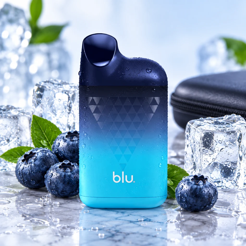 Pod Blu Box Blue Ice 800 con degradado azul y boquilla oscura, rodeado de arándanos, hielo y hojas verdes, junto a un estuche.