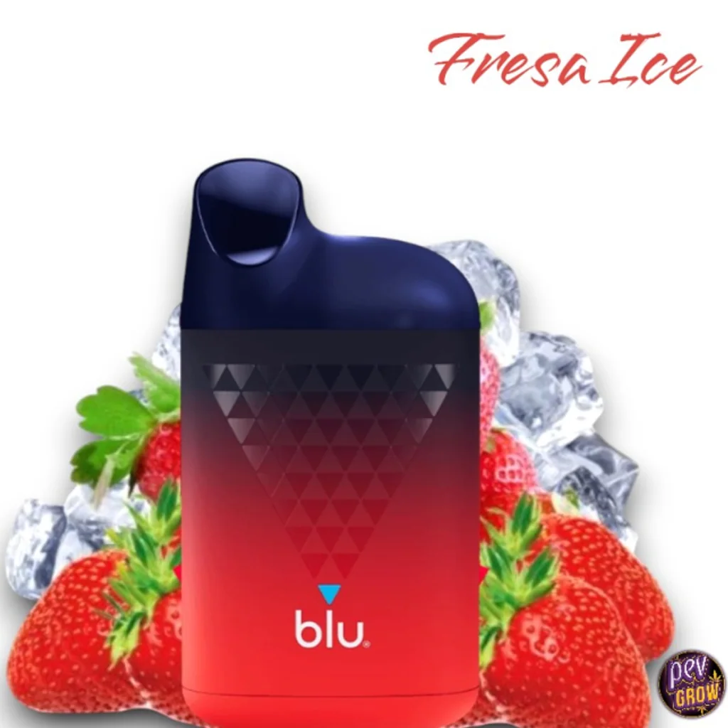 Pod Blu Box con degradado azul y rojo y dibujo de triángulos, rodeado de fresas y cubitos de hielo bajo el texto «Fresa Ice».