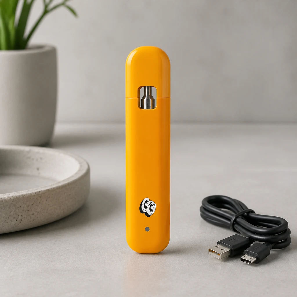 Pod amarillo Gorilla Grillz en posición vertical, con ventana frontal y un cable USB a su lado sobre una superficie gris.