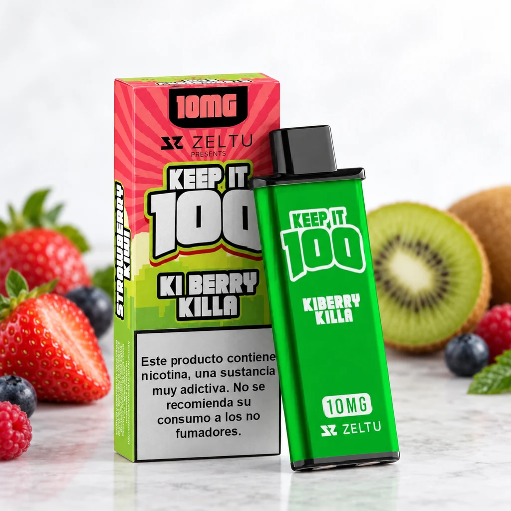 Pod verde Keep it 100 Ki Berry Killa de Zeltu junto a su caja con indicación de 10 mg, rodeado de fresas, kiwi y frutos rojos.
