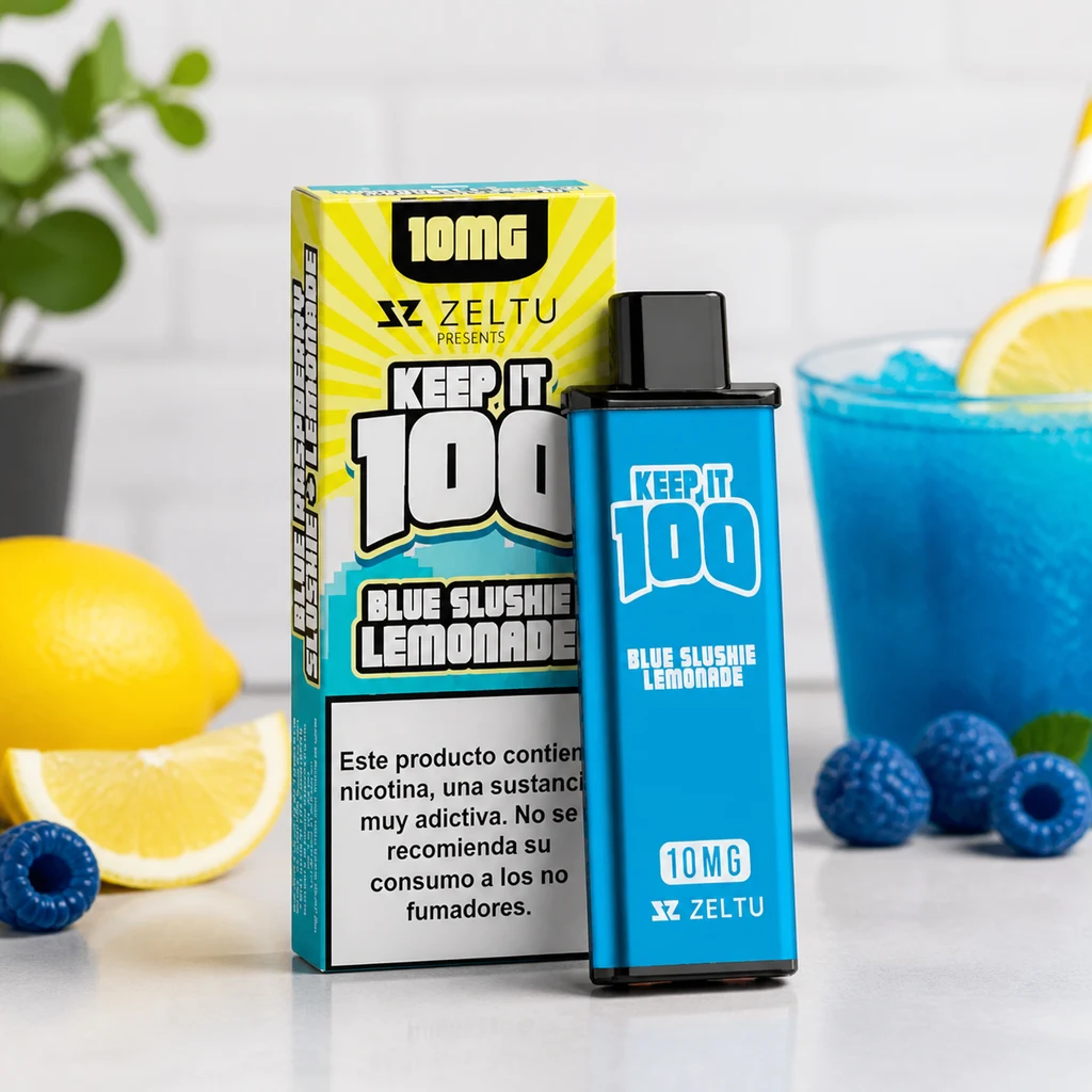 Dispositivo azul Zeltu con texto Blue Slushie Lemonade y 10 mg, junto a su caja, limones, frambuesas azules y una bebida azul.
