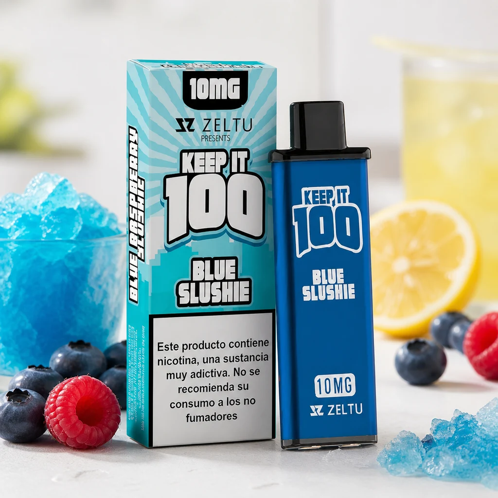 Dispositivo azul Zeltu Keep it 100 Blue Slushie y su caja de 10 mg, entre granizado azul, arándanos, frambuesas y limón.
