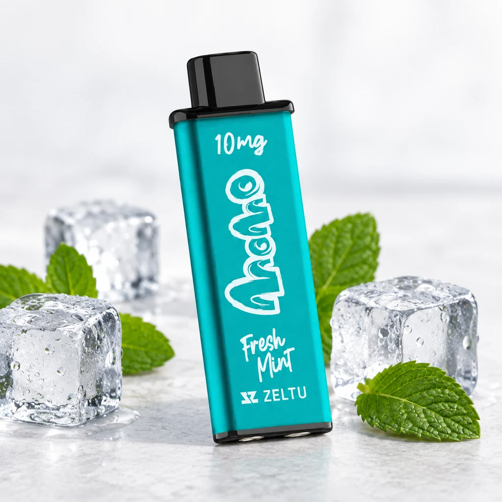 Cartucho Zeltu Momo Fresh Mint de 10 mg, turquesa y con boquilla negra, entre cubitos de hielo y hojas de menta en una escena generada.