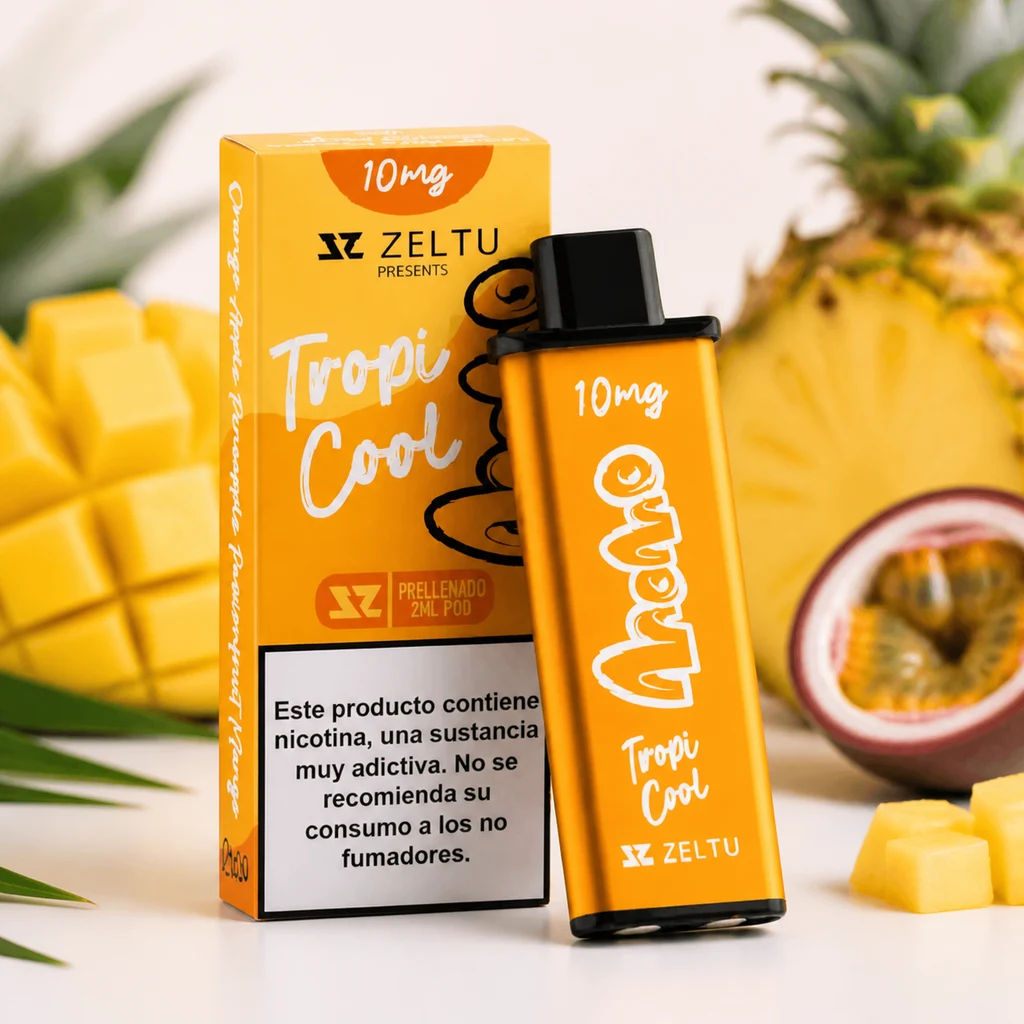 Cartucho naranja Momo Tropi Cool de Zeltu, marcado 10 mg, junto a su caja con advertencia de nicotina, mango, piña y maracuyá.
