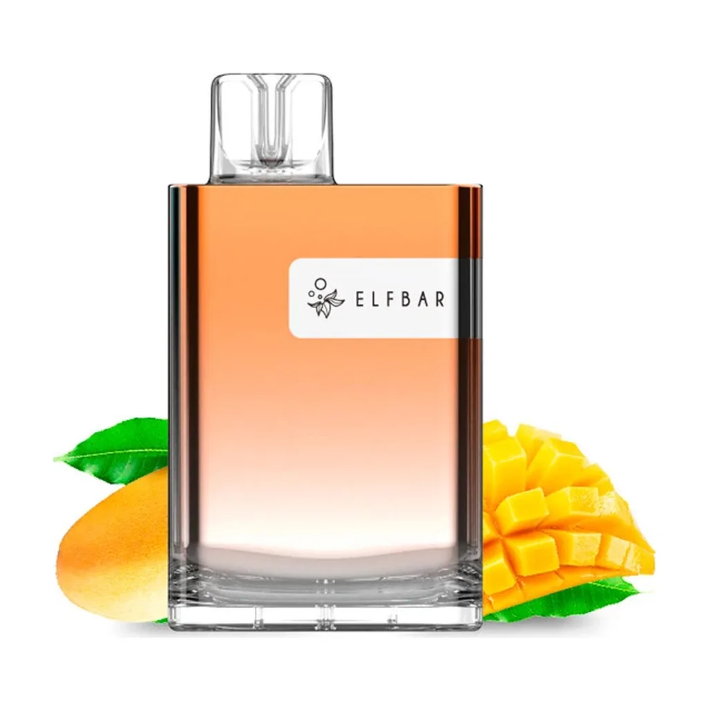 Pod Elfbar de mango con cuerpo rectangular naranja degradado, boquilla transparente y logotipo frontal, junto a trozos de mango.