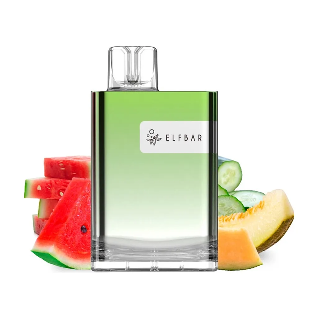 Pod Elfbar CR8000 Triple Melon con cuerpo verde degradado y boquilla transparente, rodeado de sandía, melón y rodajas de pepino.