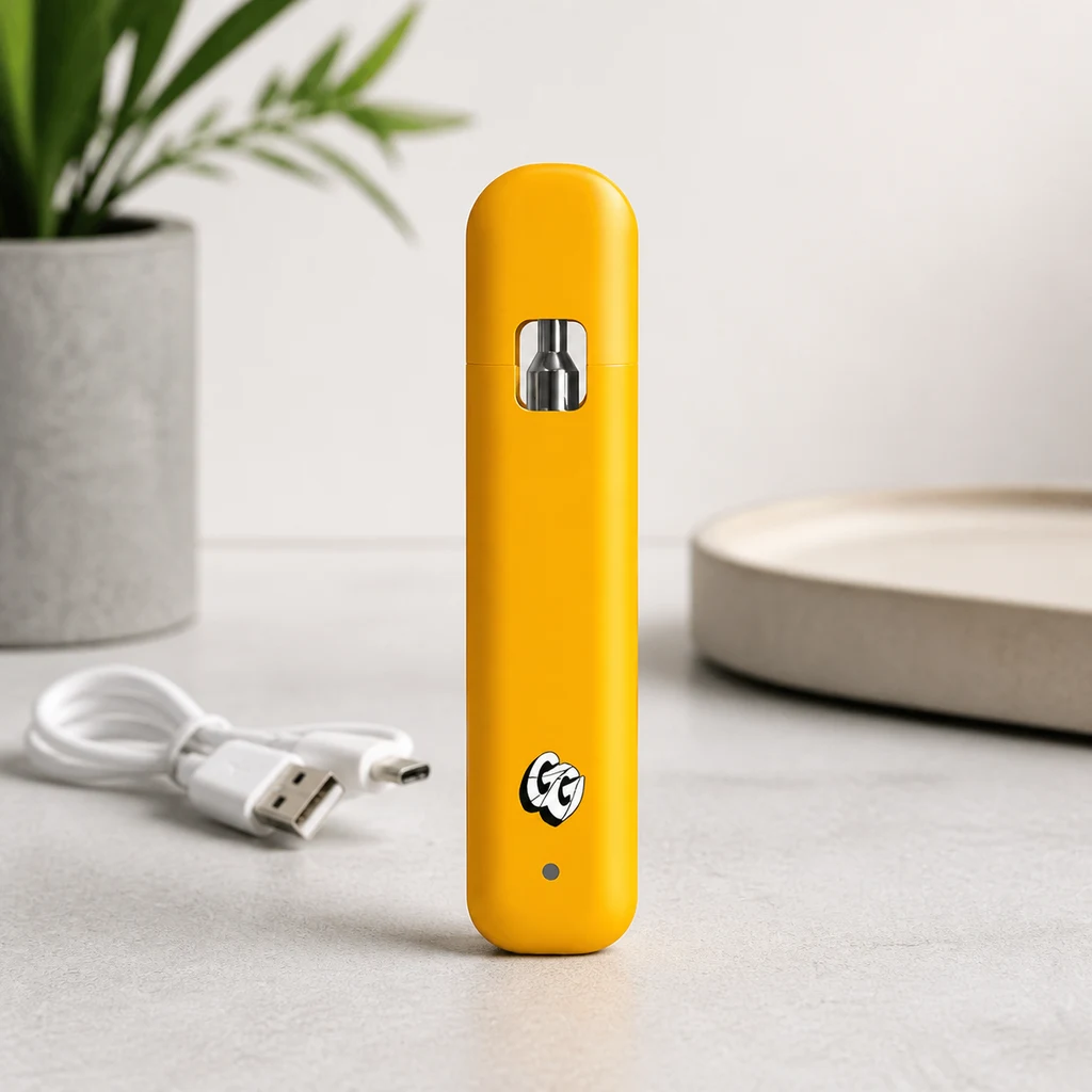 Pod amarillo Gorilla Grillz en posición vertical, con ventana frontal y pequeño indicador circular, junto a un cable USB blanco.