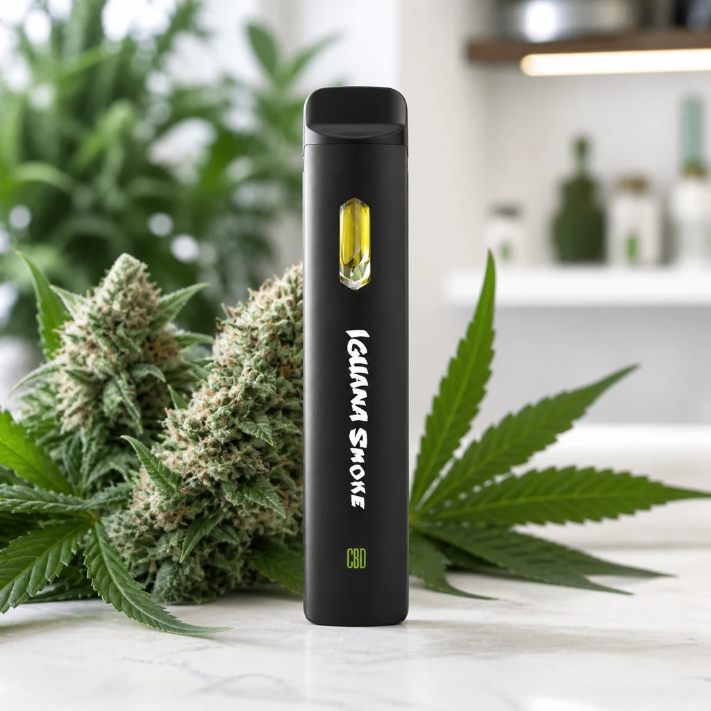 Vaper negro con texto Iguana Smoke y CBD, y ventana con líquido amarillo, junto a cogollos y hojas verdes sobre una encimera.