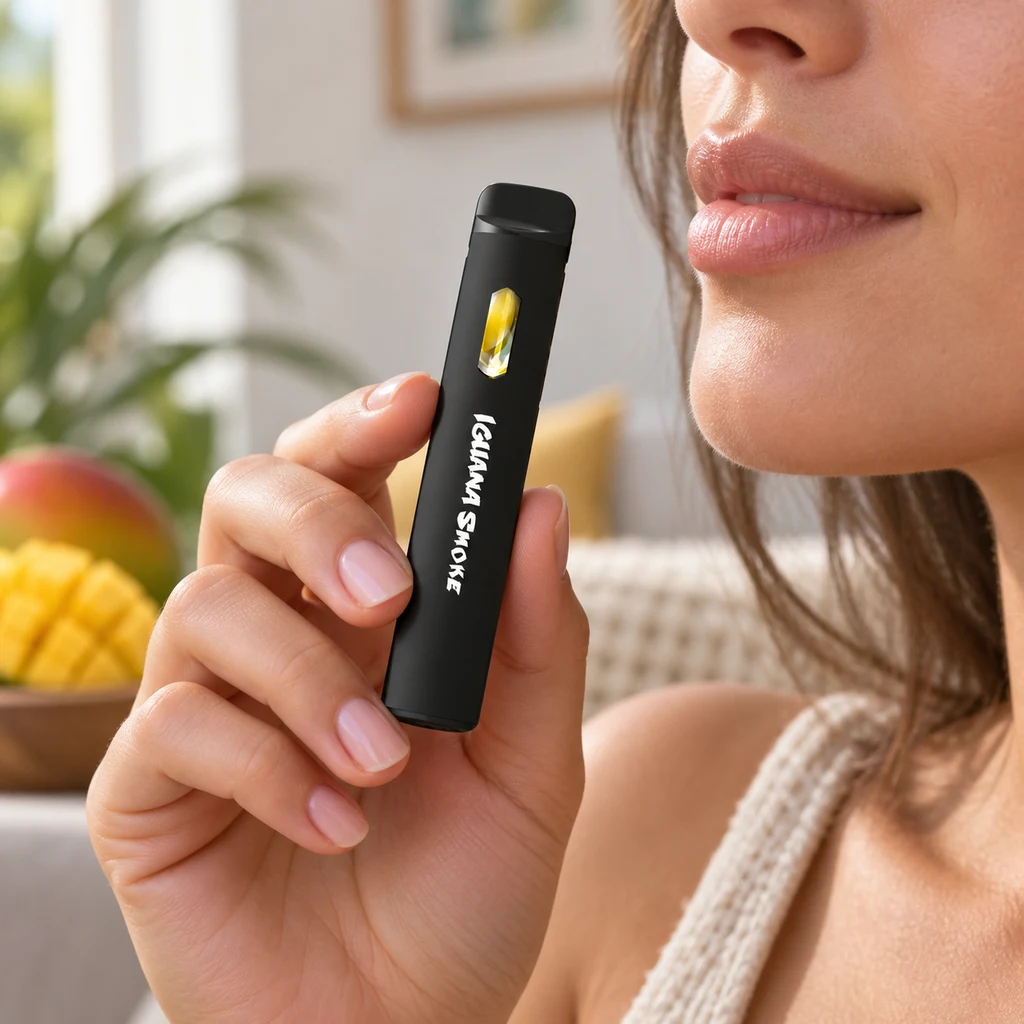 Una mujer sostiene un pod negro con ventana amarilla cerca de los labios, con un mango cortado al fondo.