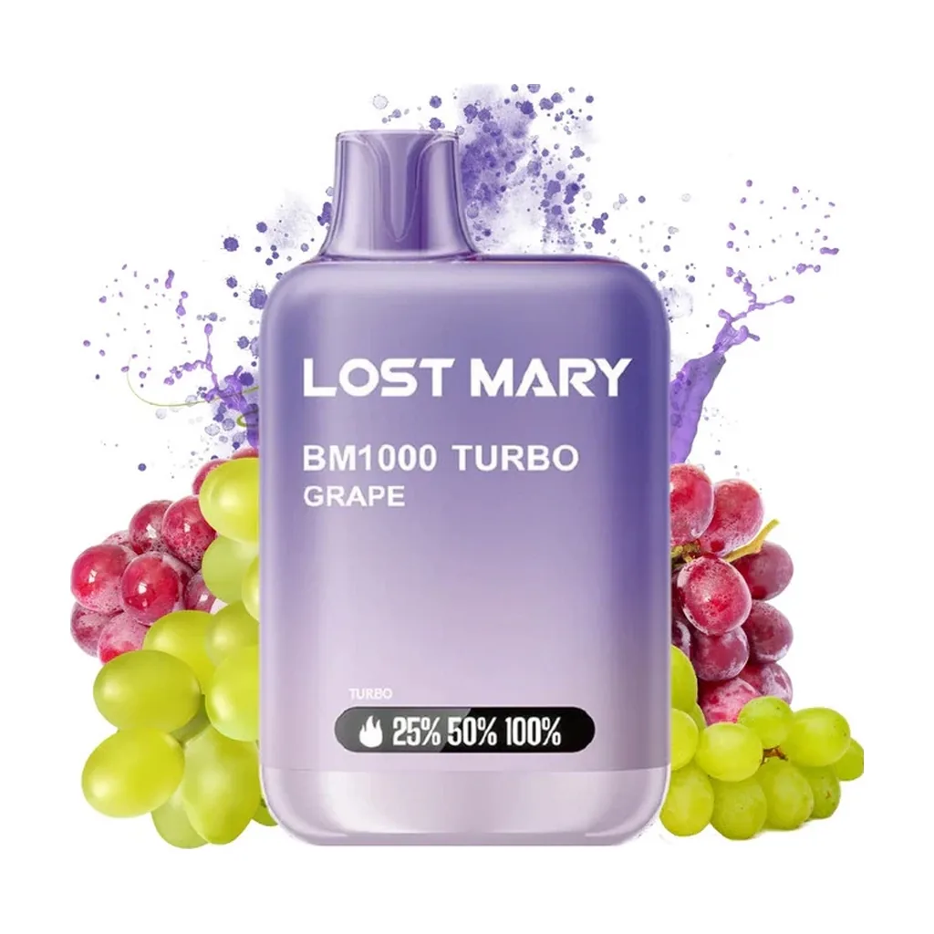 Pod Lost Mary BM1000 Turbo Grape de color violeta, con boquilla superior, rodeado de uvas verdes y rojas y salpicaduras moradas.