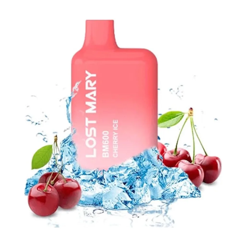 Pod Lost Mary BM600 Cherry Ice rosa con boquilla superior, rodeado de cerezas, cubitos de hielo y salpicaduras de agua.