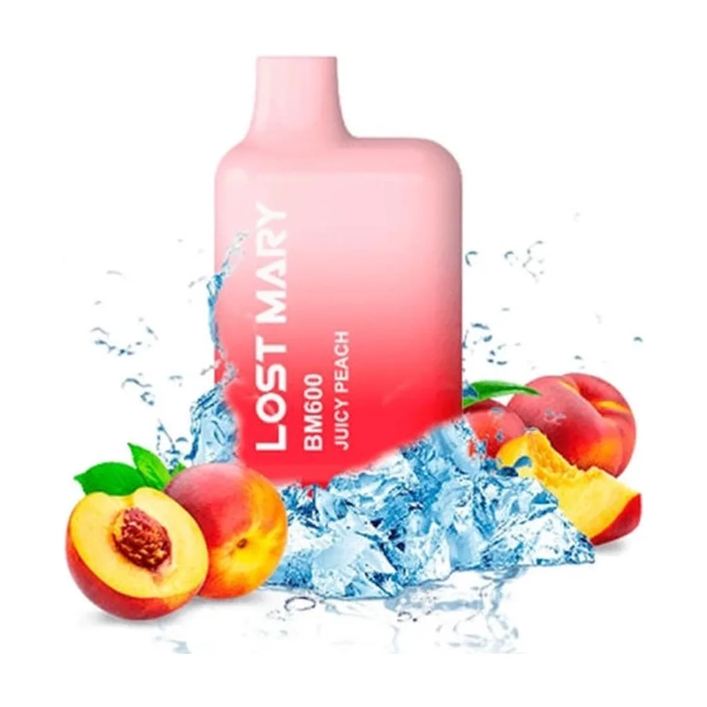 Lost Mary BM600 Juicy Peach en degradado rosa y rojo, rodeado de melocotones, cubitos de hielo y salpicaduras de agua.