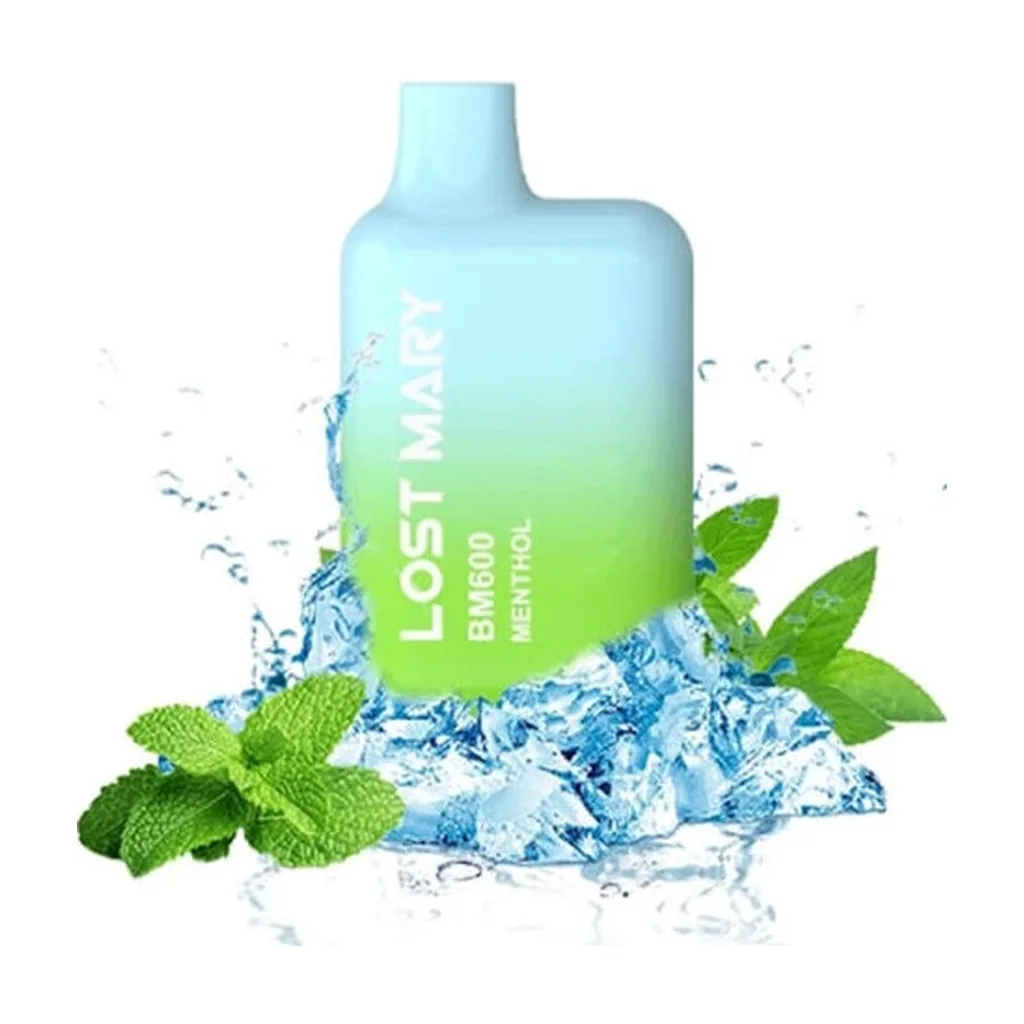Pod Lost Mary BM600 Menthol con degradado azul y verde, rodeado de cubitos de hielo, salpicaduras y hojas de menta sobre fondo blanco.