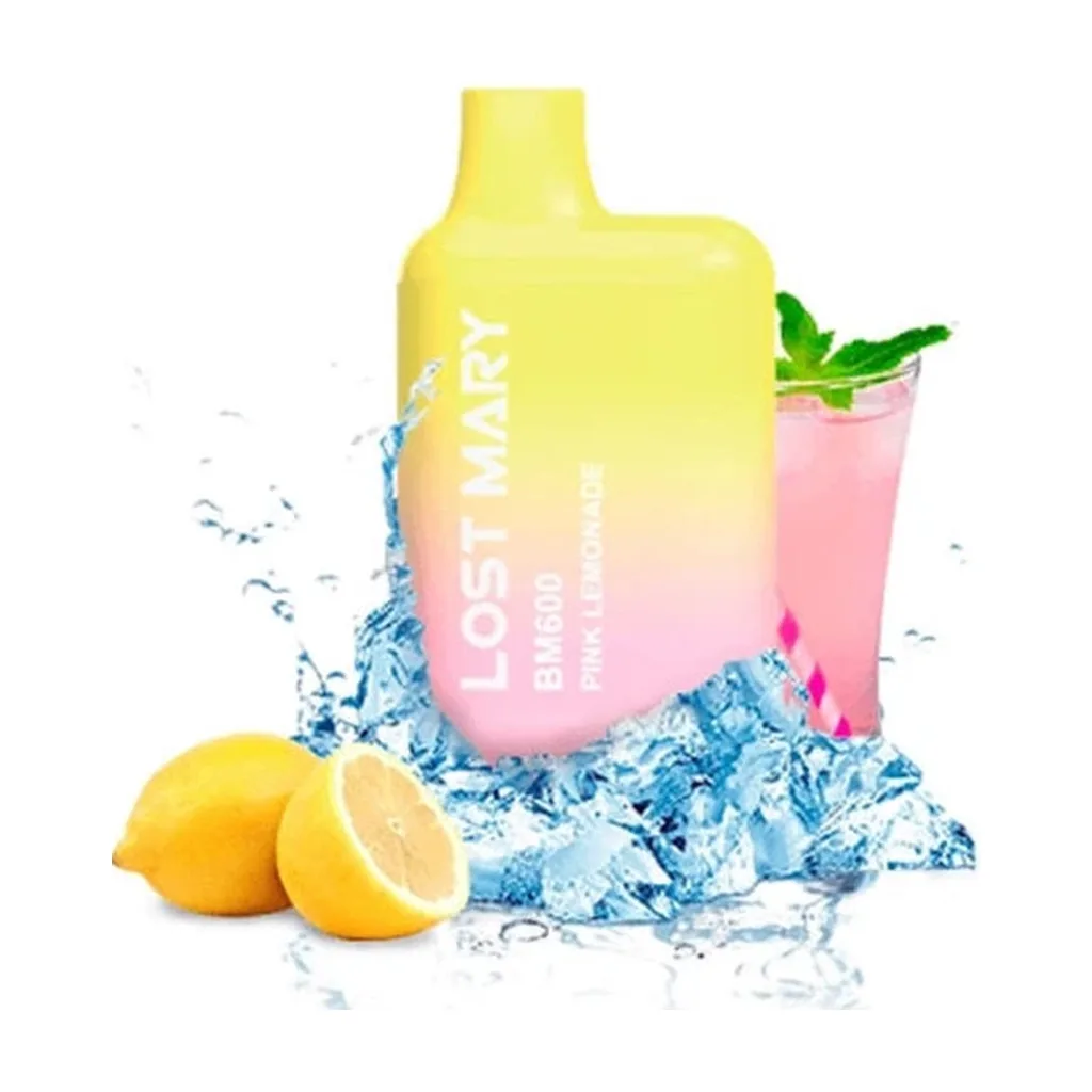 Pod Lost Mary BM600 Pink Lemonade en degradado amarillo y rosa, junto a limones, un vaso de bebida rosa y salpicaduras azules.