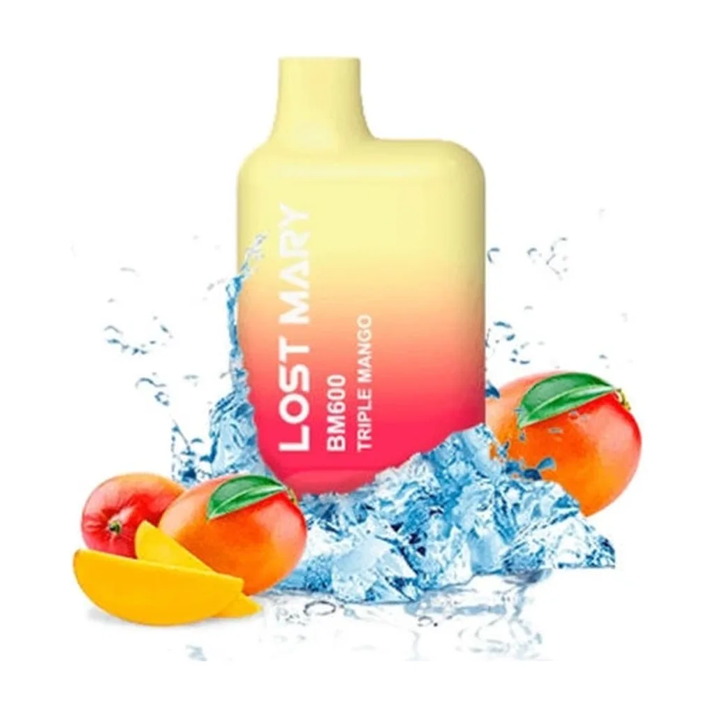 Lost Mary BM600 con degradado amarillo y rosa y texto Triple Mango, rodeado de mangos, hielo y salpicaduras de agua.