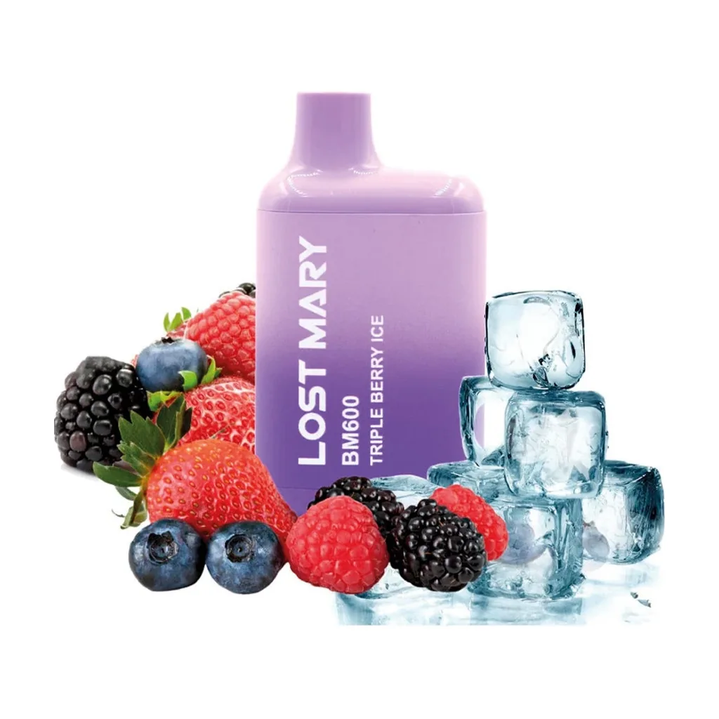 Pod Lost Mary BM600 Triple Berry Ice de color lila, rodeado de fresas, frambuesas, moras, arándanos y cubitos de hielo.